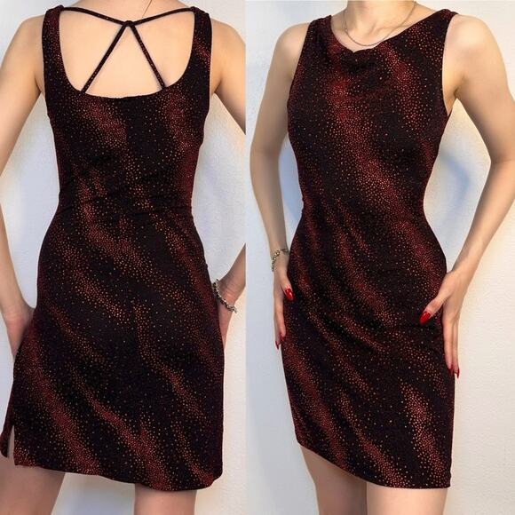 Vintage Dresses & Skirts - Vintage 90s Glitter Mini Dress Black Red Sparkle Strappy Back Rocket Candy Party